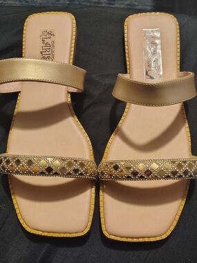 Gold Embellished Double-strap Slide Sandals for Women